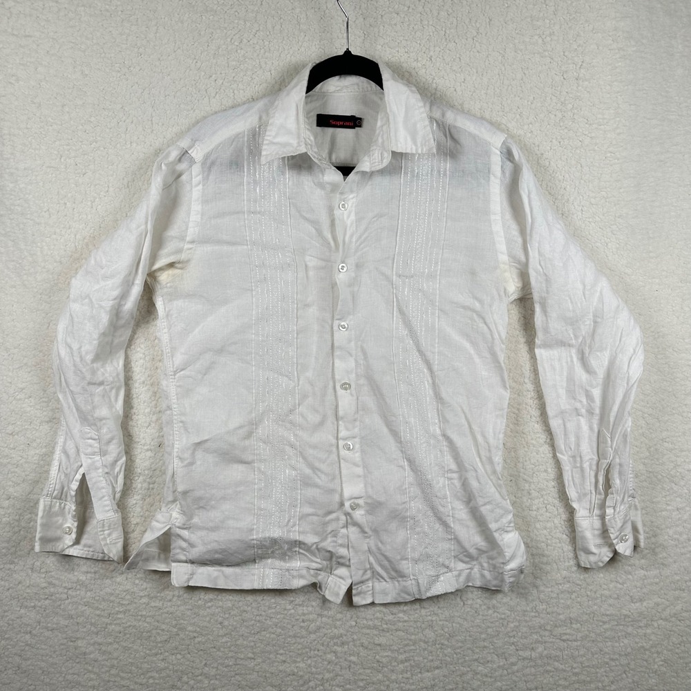Soprani White 100% Linen Guayabera Embroidered Long Sleeve Shirt Men's M Beach
